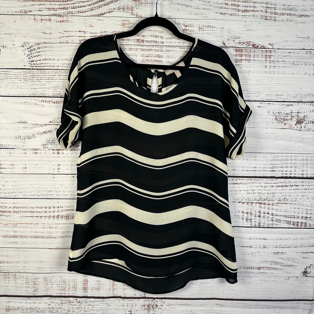 Banana Republic Black Tan Stripe Short Sleeve Blouse Sheer Office Womens Sz M